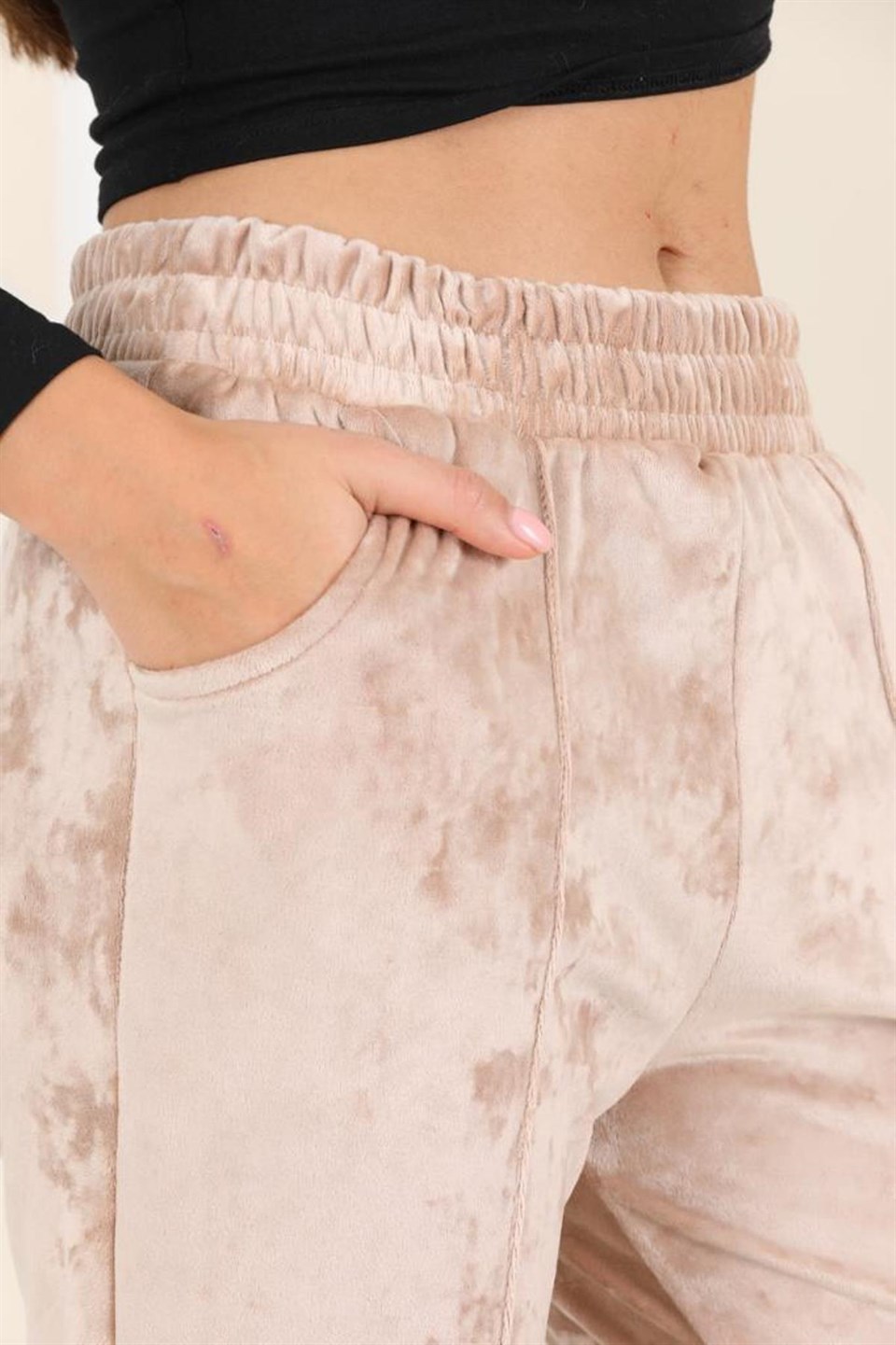176-vizon-XL - Büyük Beden  Vizon Kadife  Kadın Eşofman Altı - Pijama - Jogger Çizgi Şeritli -westbound