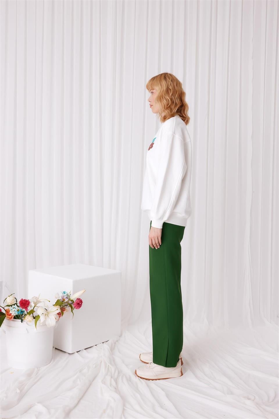 Ekru Renk Baskılı Oversize Sweatshirt