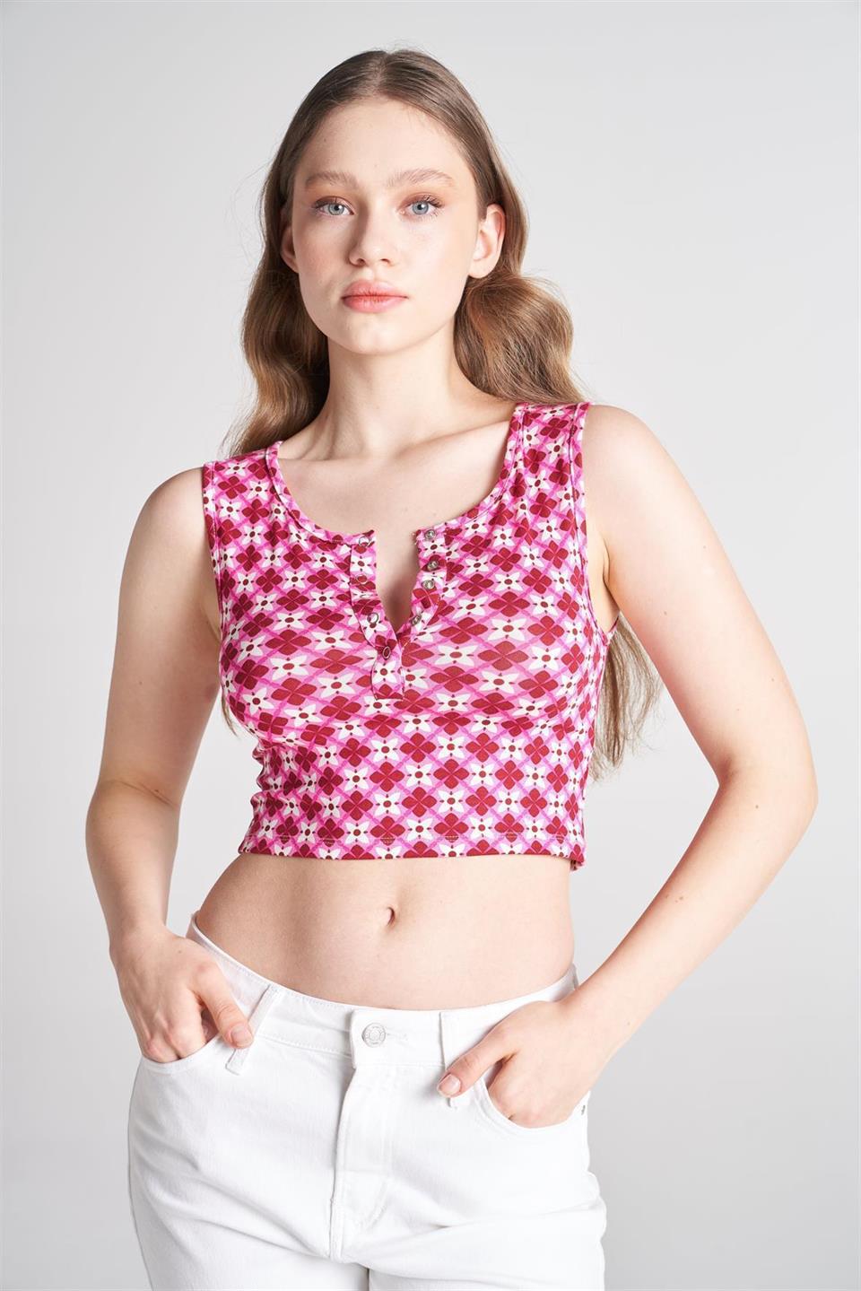 Fuşya Baskılı Crop Bluz