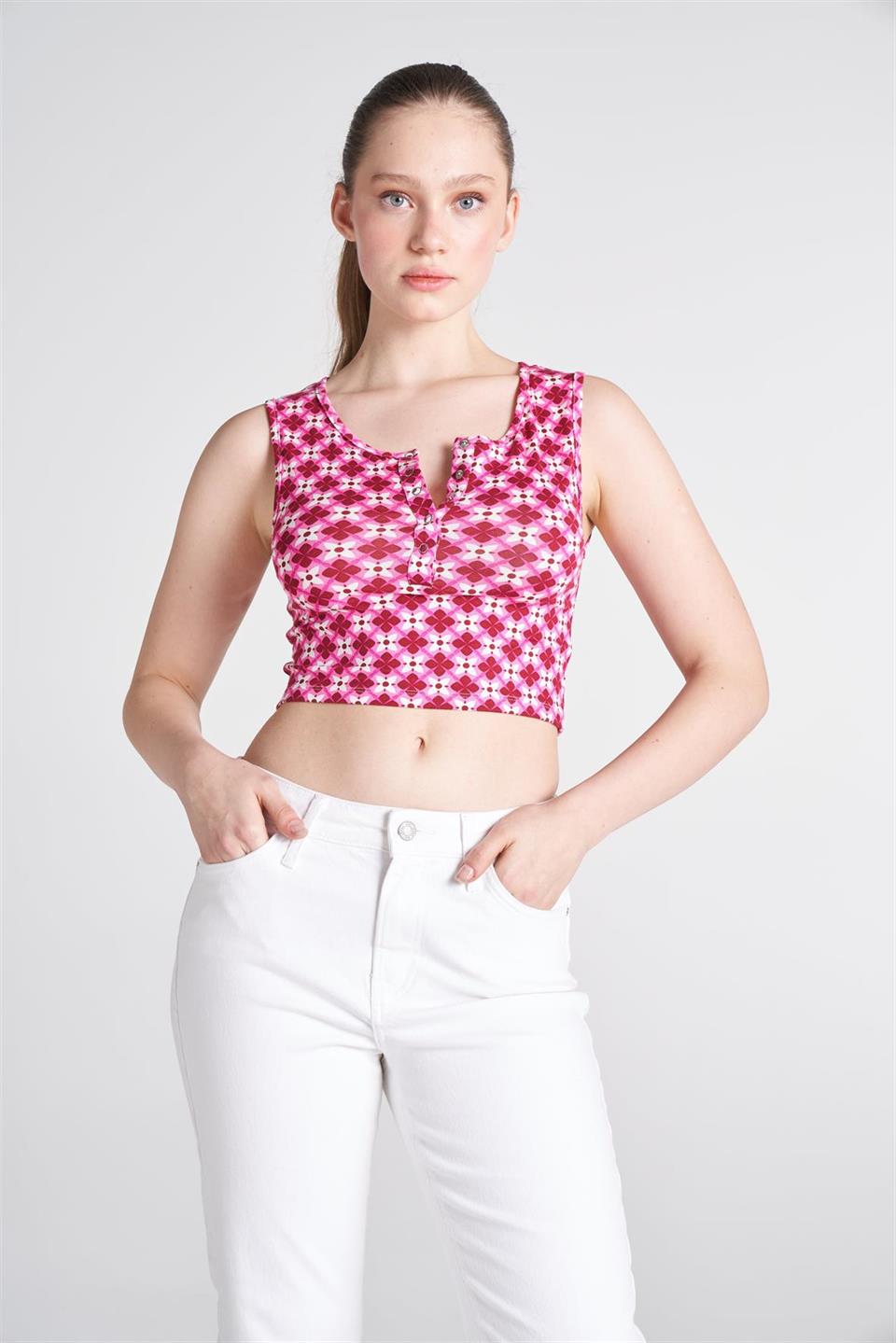 Fuşya Baskılı Crop Bluz