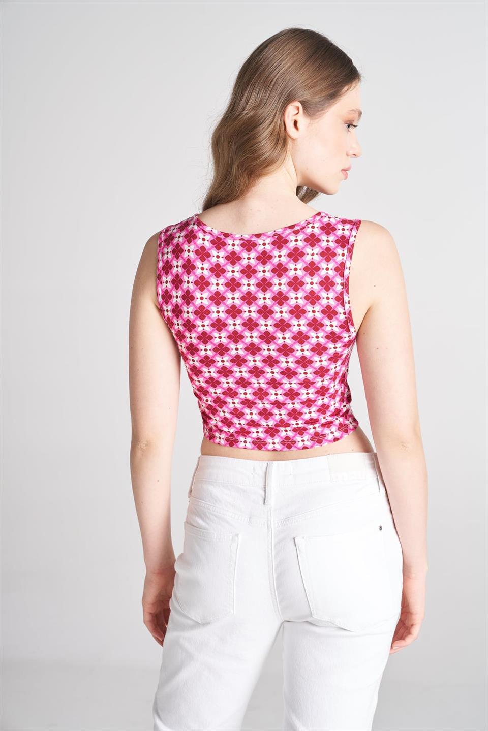 Fuşya Baskılı Crop Bluz