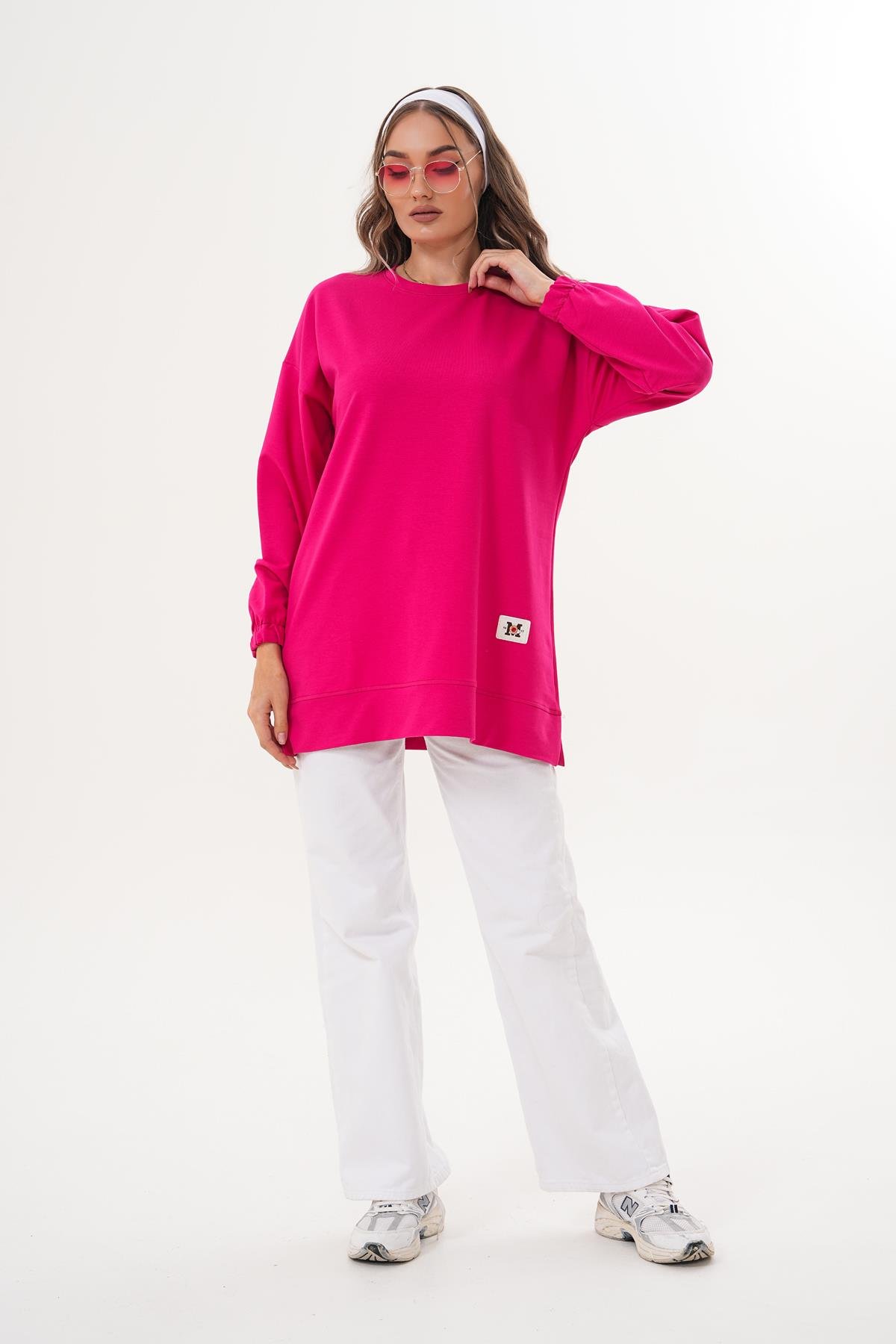 710 - Fuşya Düz Basic Bisiklet Yaka Uzun Kol Kadın Sweatshirt Tunik 710 -westbound