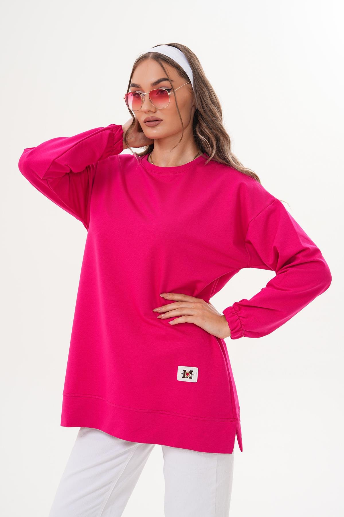 710 - Fuşya Düz Basic Bisiklet Yaka Uzun Kol Kadın Sweatshirt Tunik 710 -westbound