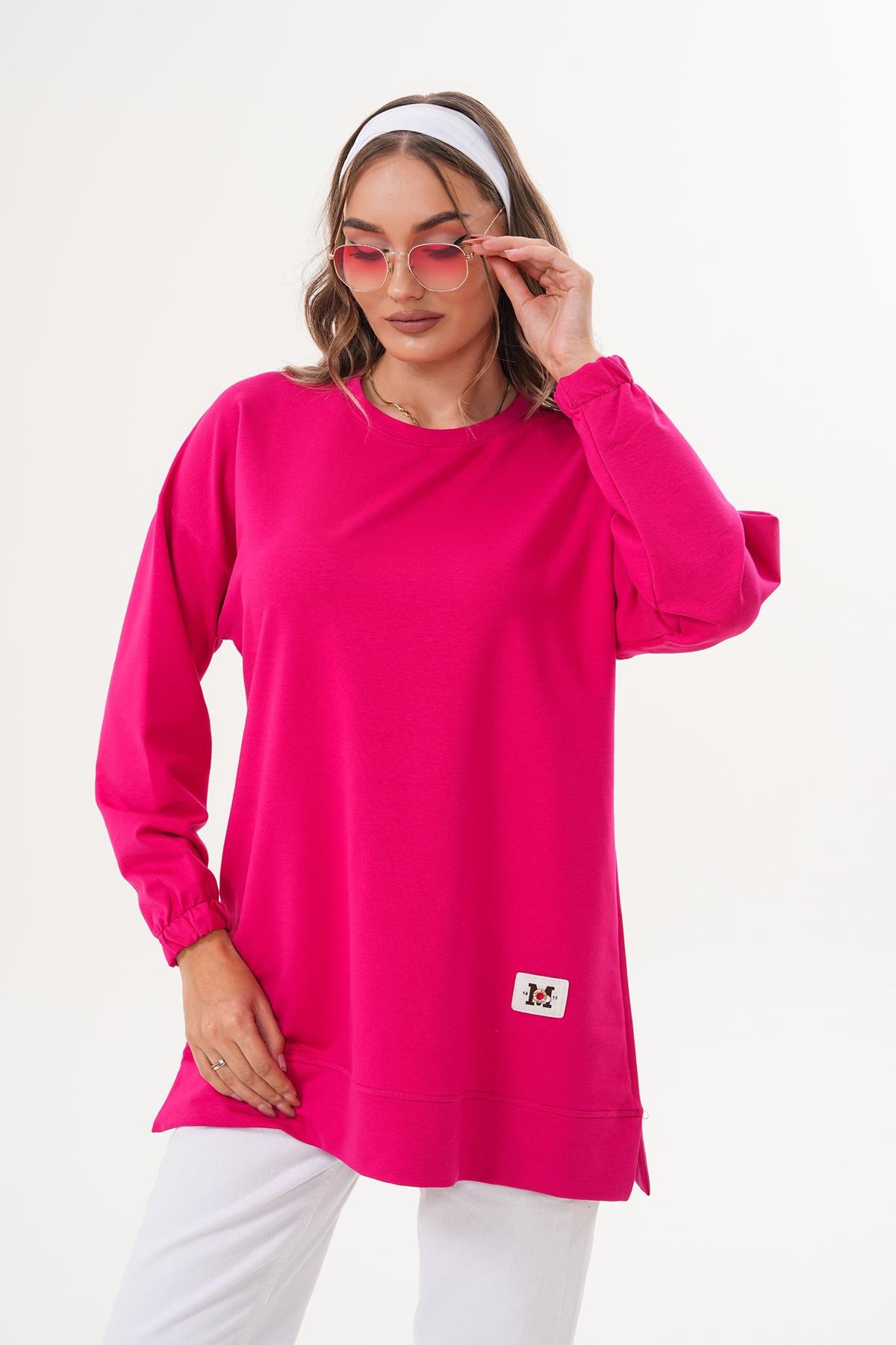 710 - Fuşya Düz Basic Bisiklet Yaka Uzun Kol Kadın Sweatshirt Tunik 710 -westbound