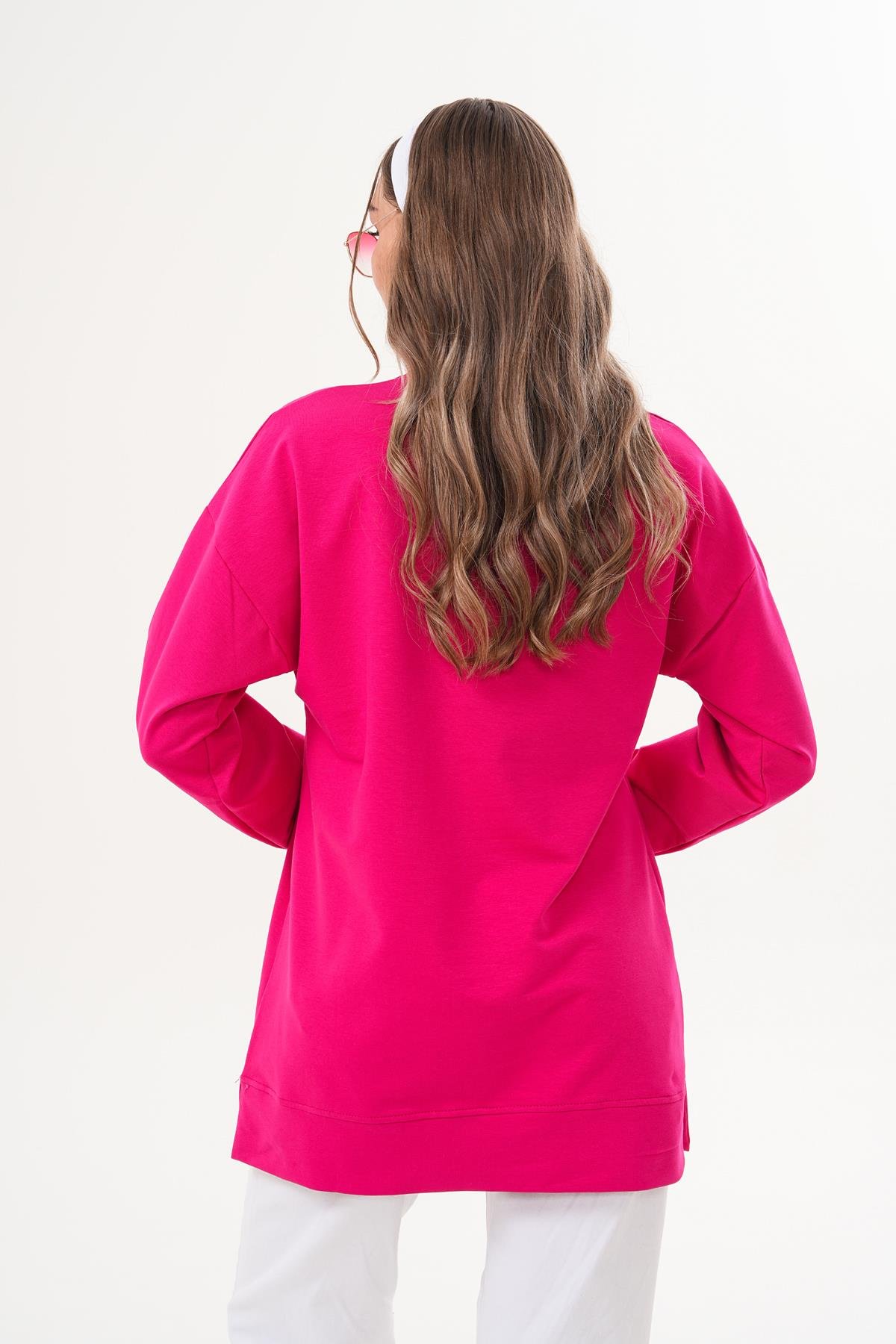 710 - Fuşya Düz Basic Bisiklet Yaka Uzun Kol Kadın Sweatshirt Tunik 710 -westbound