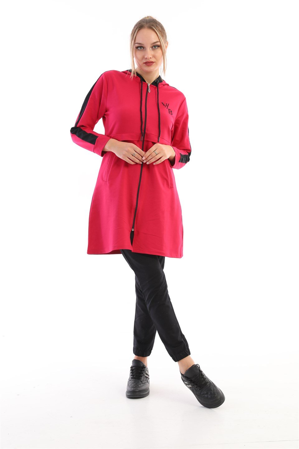 wb-615-3-s - Fuşya Siyah Kadın Eşofman Takımı Tesettür Giyim, Fermuarlı Kapüşonlu -westbound