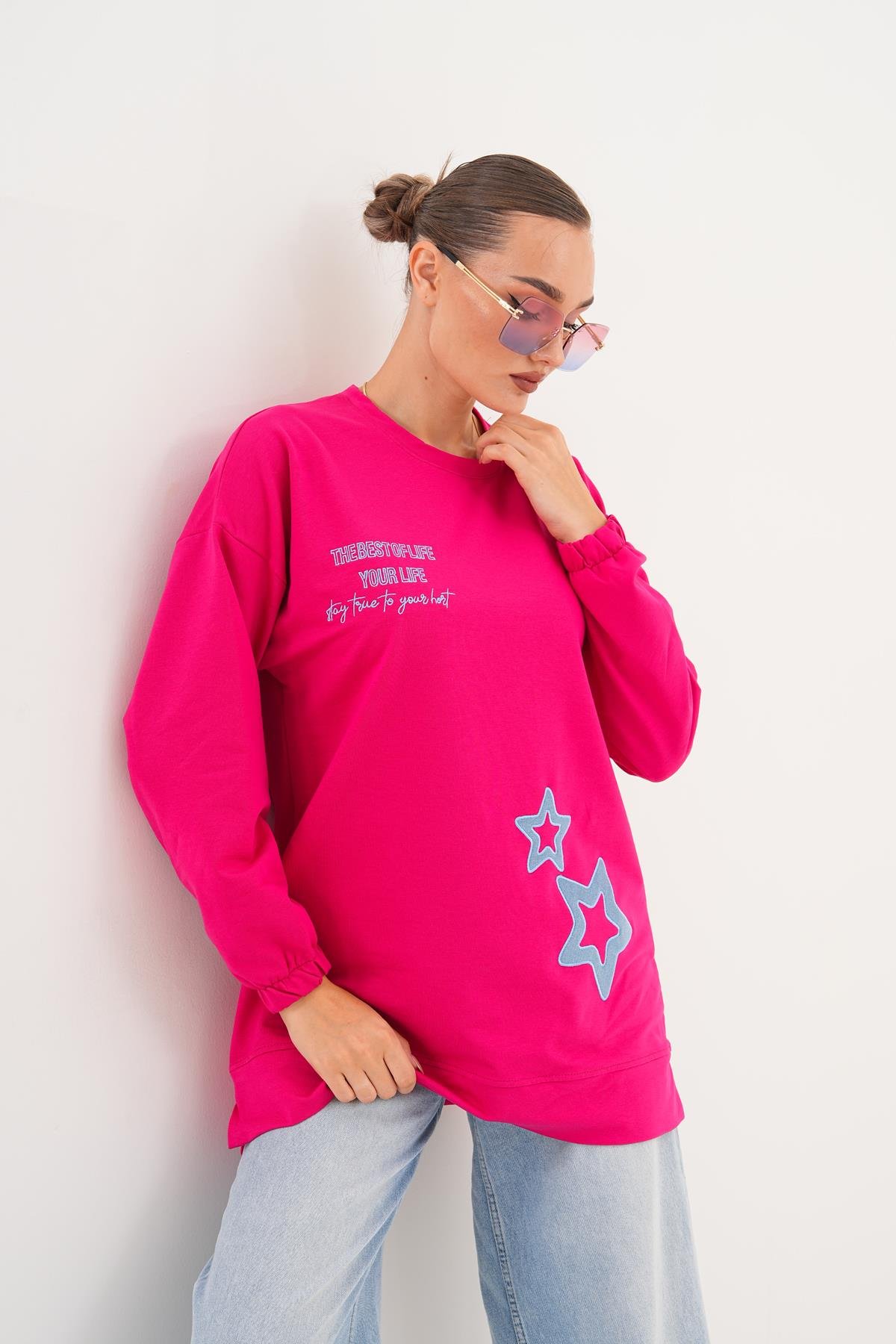 711 - Fuşya Yıldız Desenli Bisiklet Yaka Kadın Sweatshirt Tunik 711 -westbound