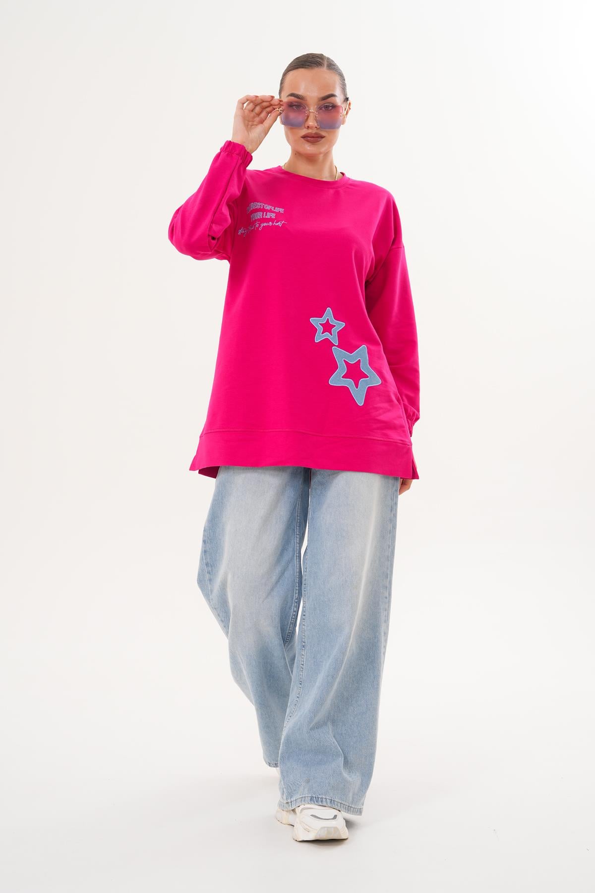 711 - Fuşya Yıldız Desenli Bisiklet Yaka Kadın Sweatshirt Tunik 711 -westbound