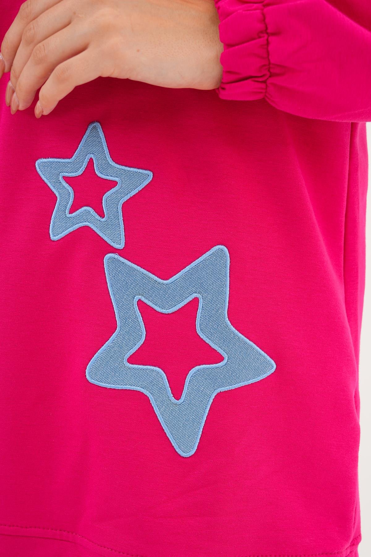 711 - Fuşya Yıldız Desenli Bisiklet Yaka Kadın Sweatshirt Tunik 711 -westbound