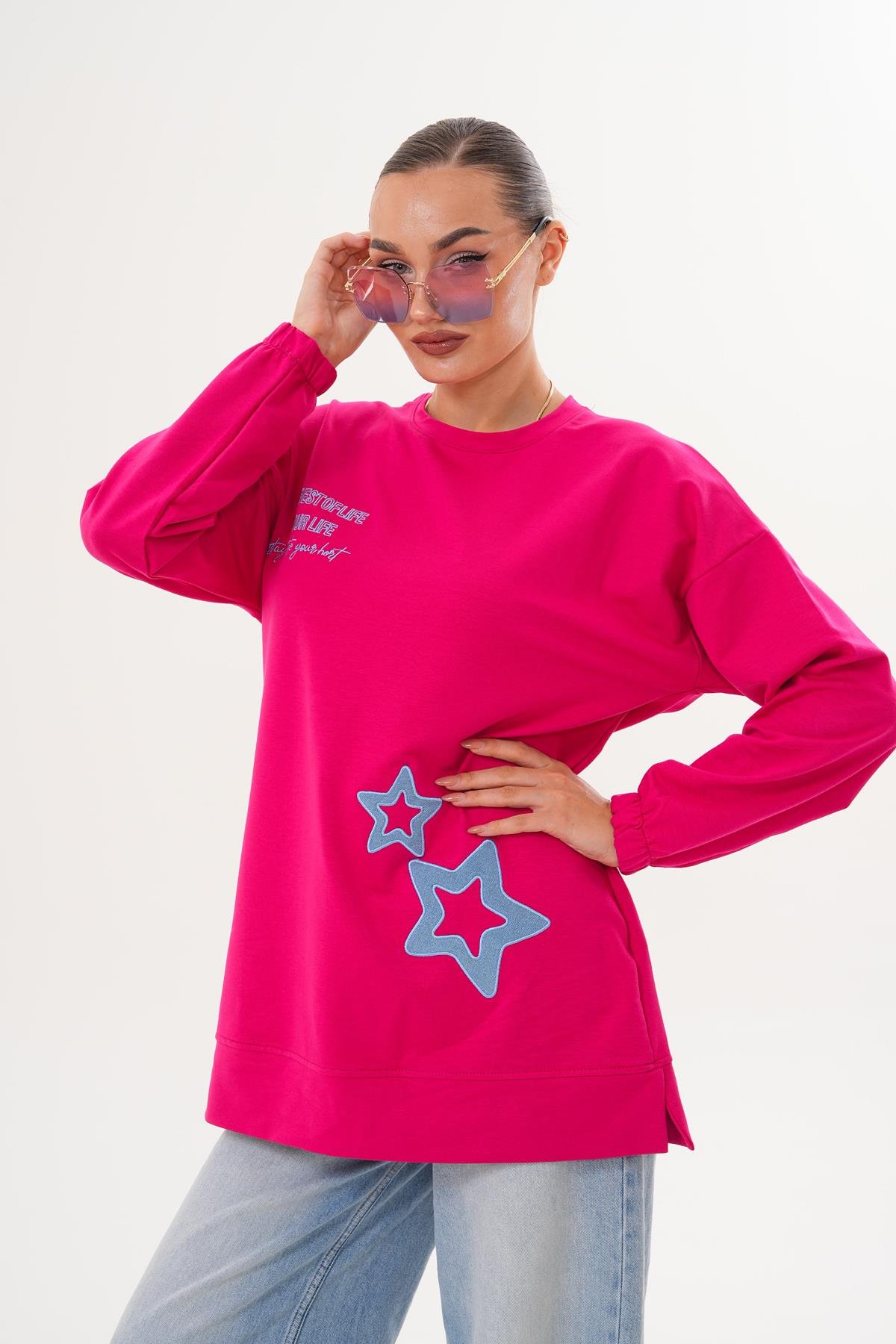 711 - Fuşya Yıldız Desenli Bisiklet Yaka Kadın Sweatshirt Tunik 711 -westbound