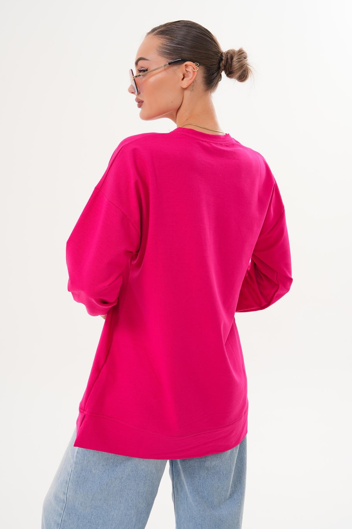 711 - Fuşya Yıldız Desenli Bisiklet Yaka Kadın Sweatshirt Tunik 711 -westbound