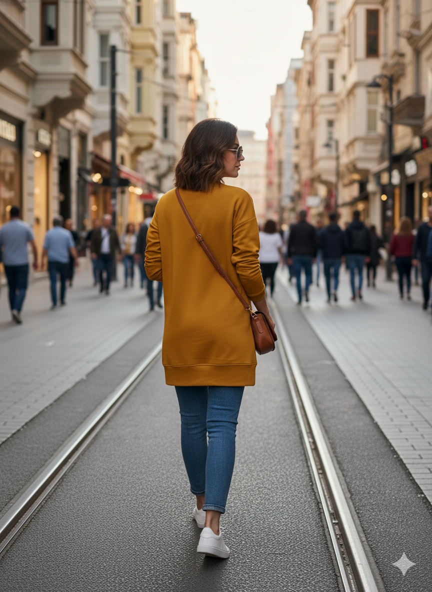 716 - Hardal  Kabartma Baskılı Bisiklet Yaka Uzun Kol Kadın Sweatshirt Tunik 716 -westbound