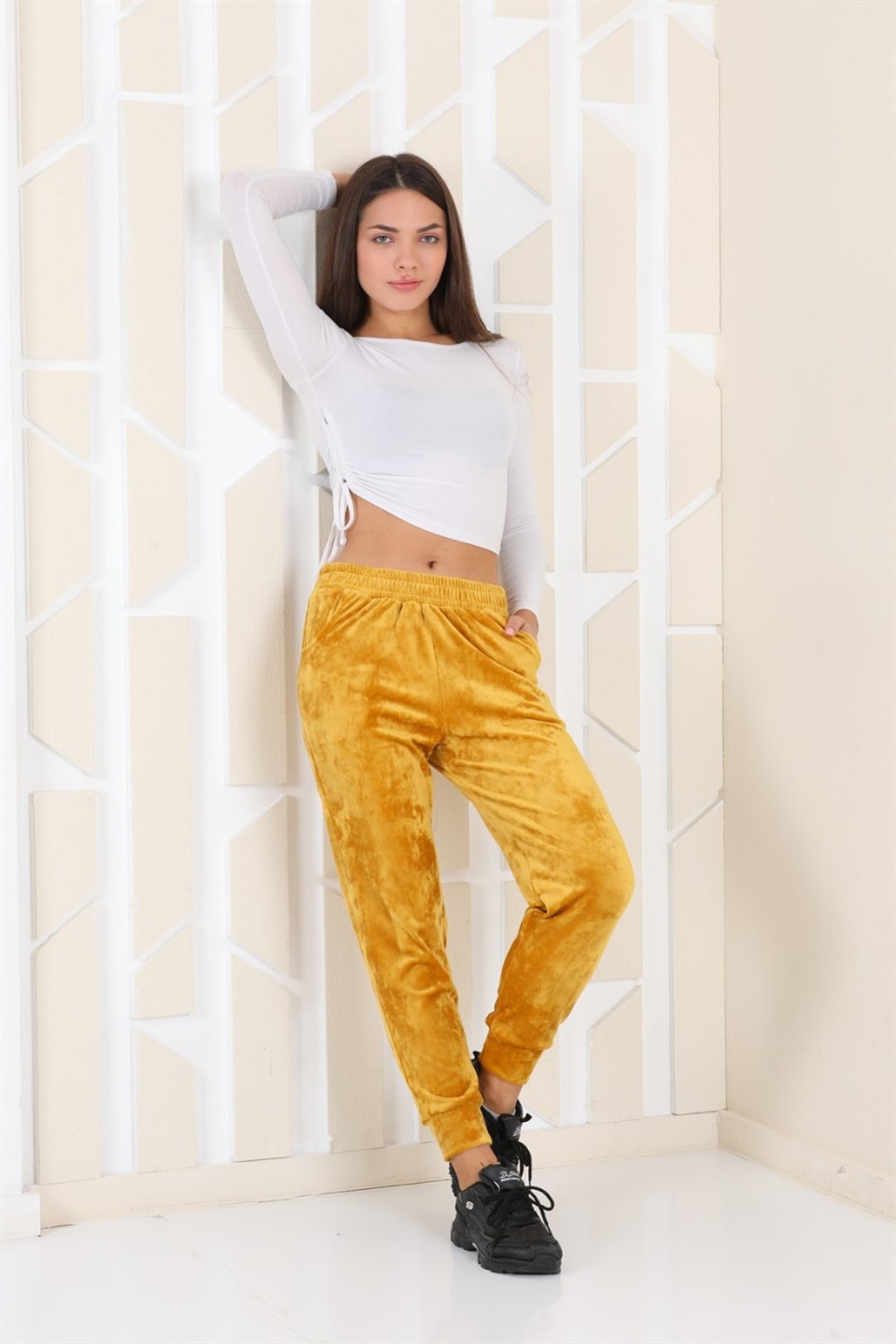 177-2-XXL - Hardal Renk Kadife Eşofman Altı - Pijama - Jogger Model -westbound