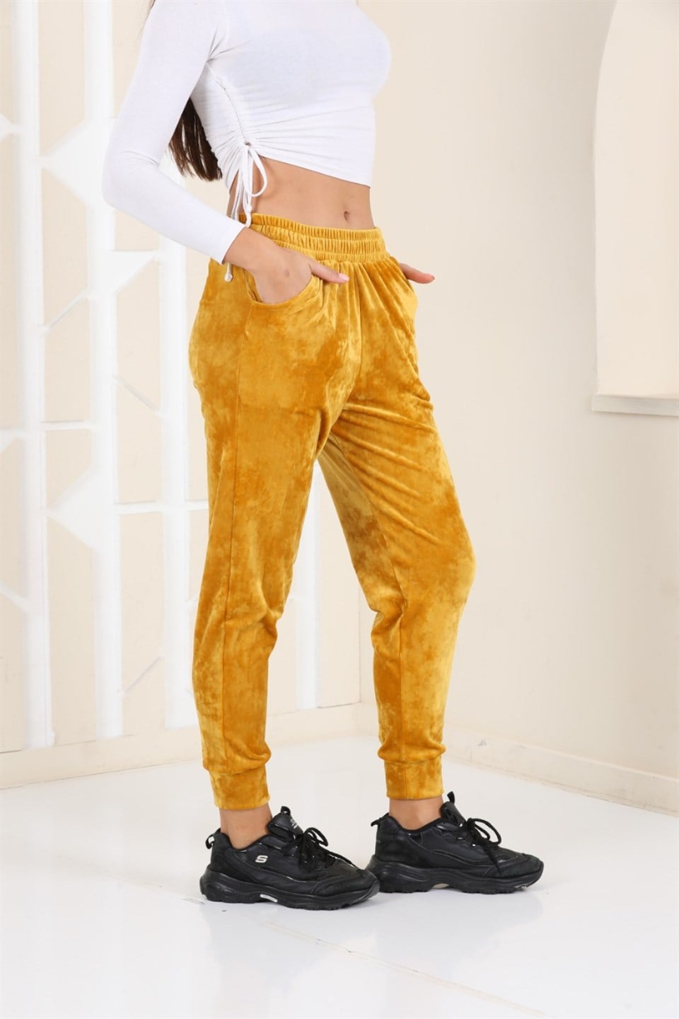 177-2-XXL - Hardal Renk Kadife Eşofman Altı - Pijama - Jogger Model -westbound