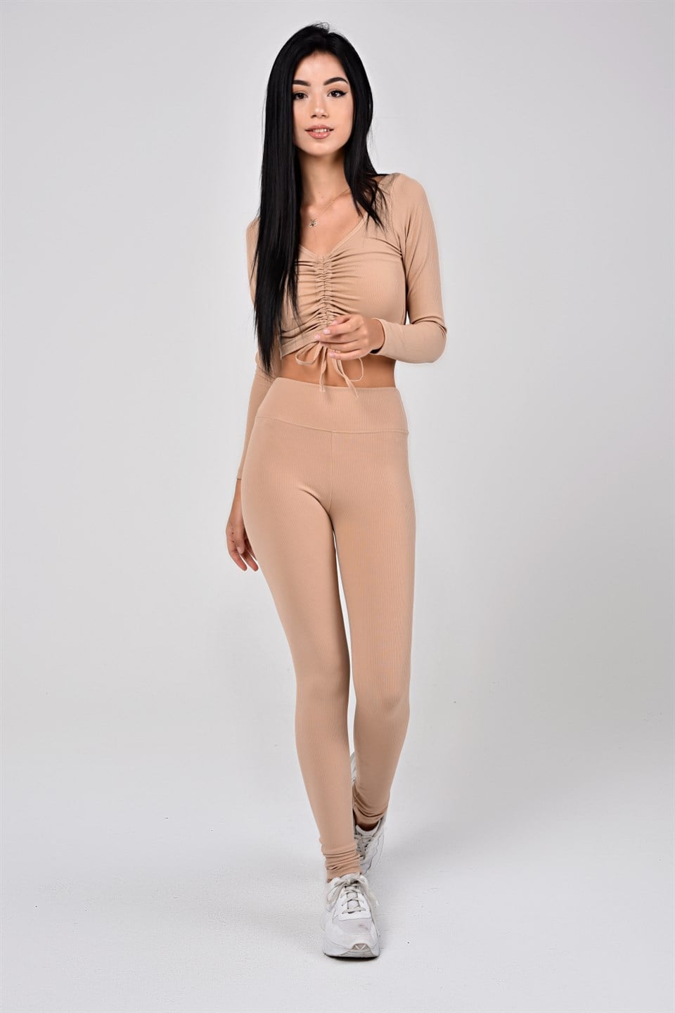 Aff-Fit-030 - İpli Büzgülü Crop Bustiyer - Ten Rengi -westbound