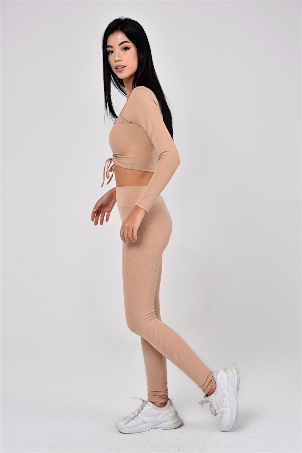 Aff-Fit-030 - İpli Büzgülü Crop Bustiyer - Ten Rengi -westbound