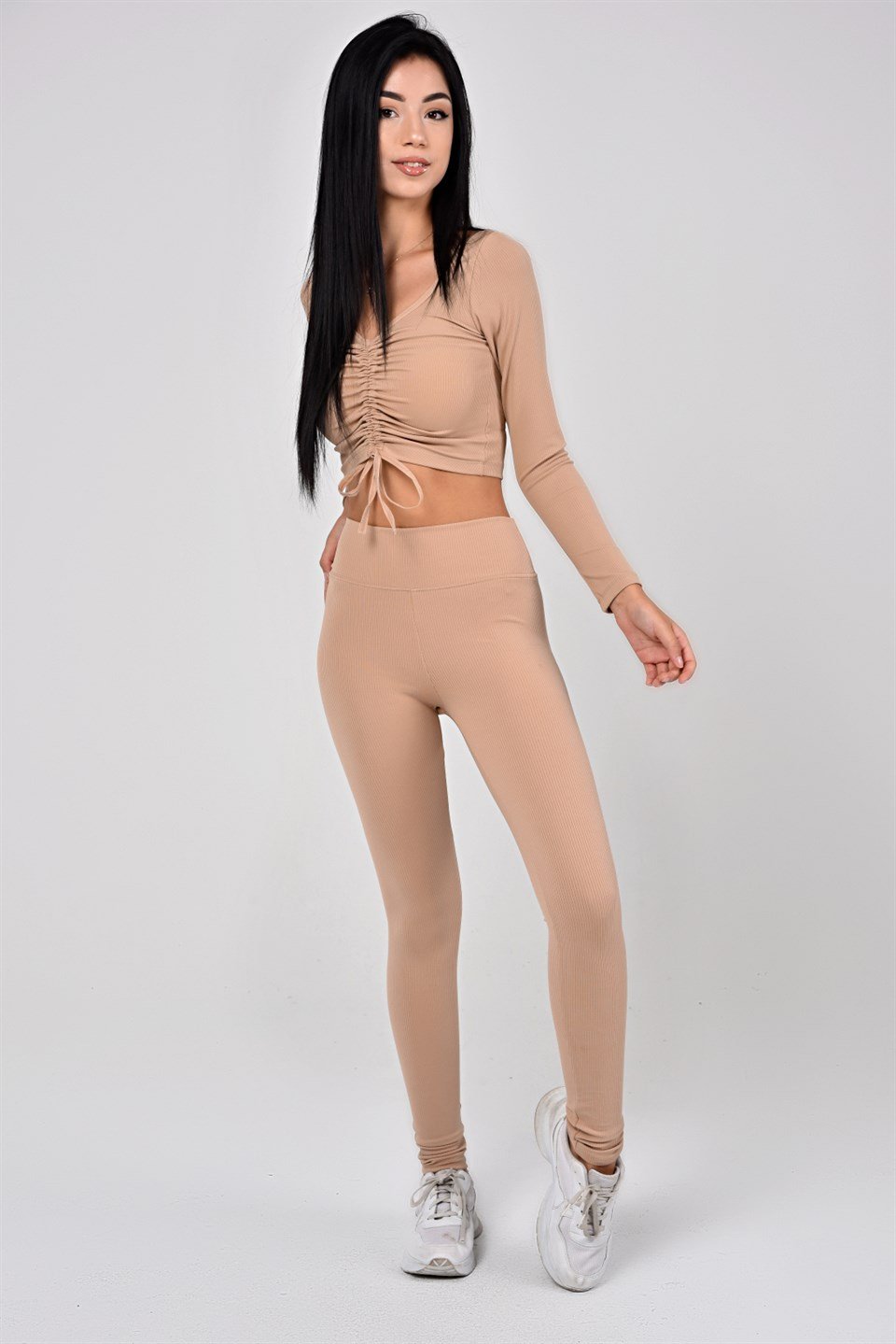Aff-Fit-030 - İpli Büzgülü Crop Bustiyer - Ten Rengi -westbound