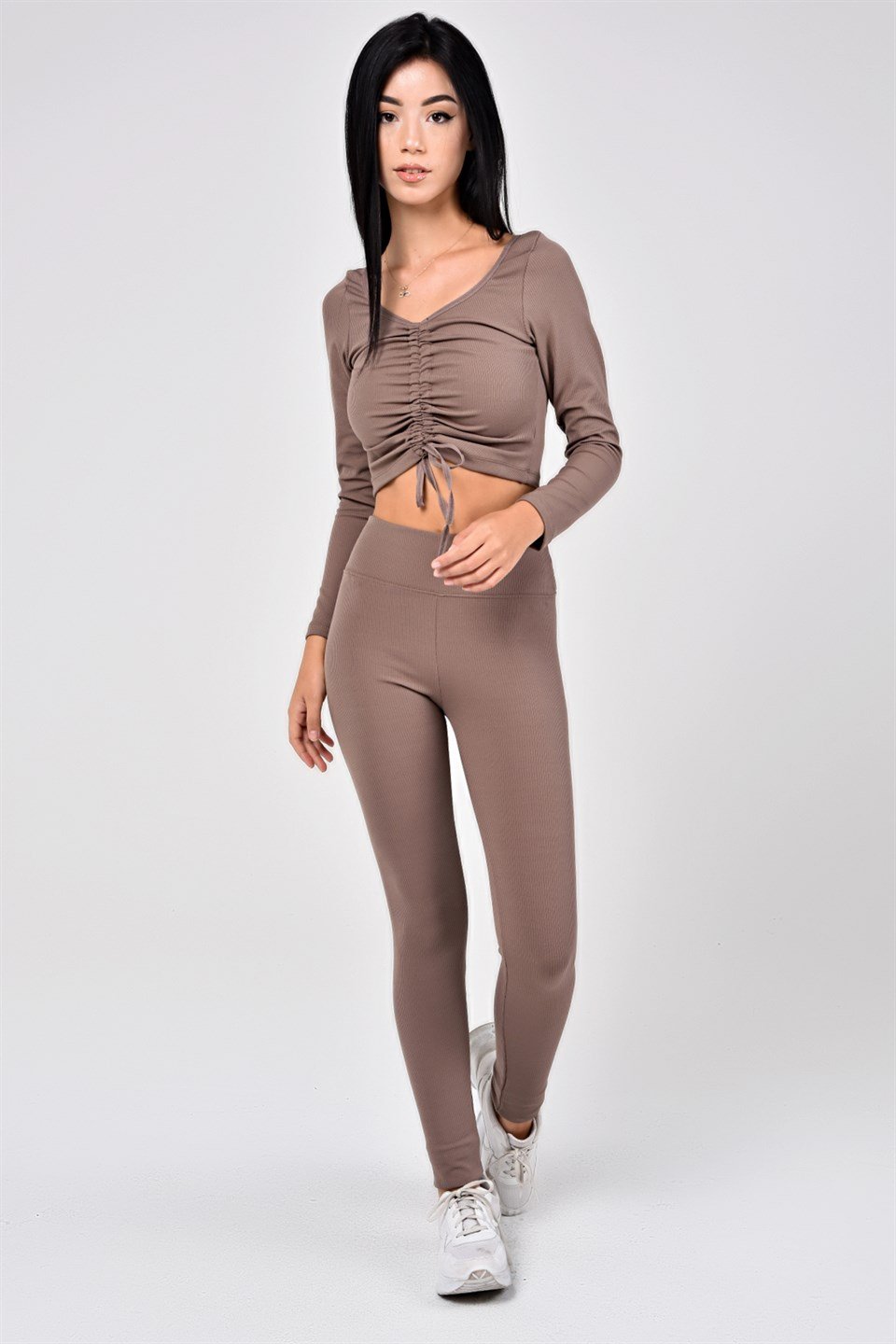 Aff-Fit-030 - İpli Büzgülü Crop Bustiyer - Vizon -westbound