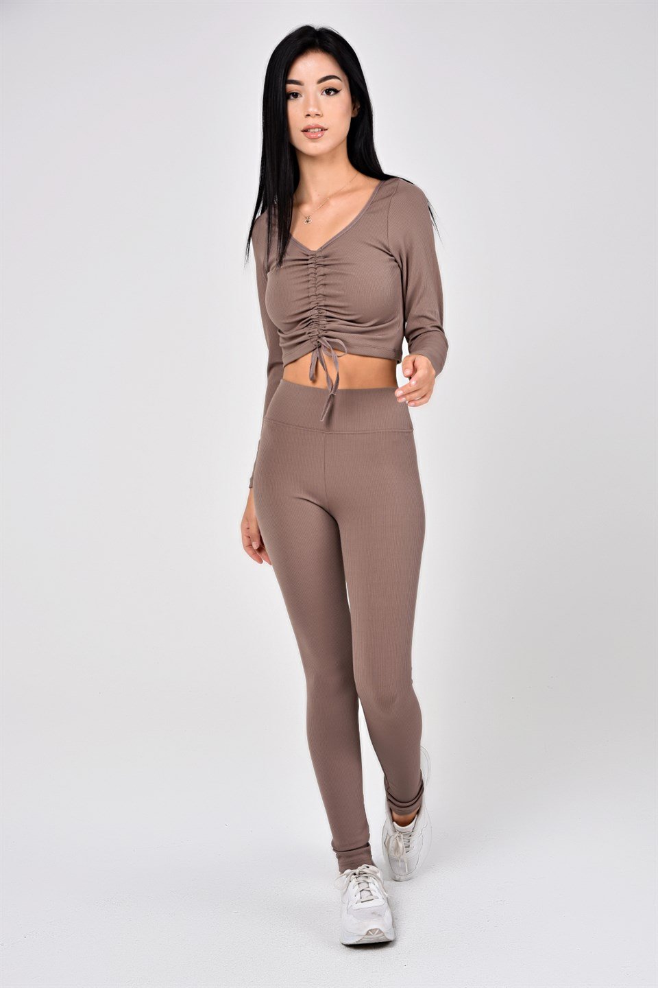 Aff-Fit-030 - İpli Büzgülü Crop Bustiyer - Vizon -westbound
