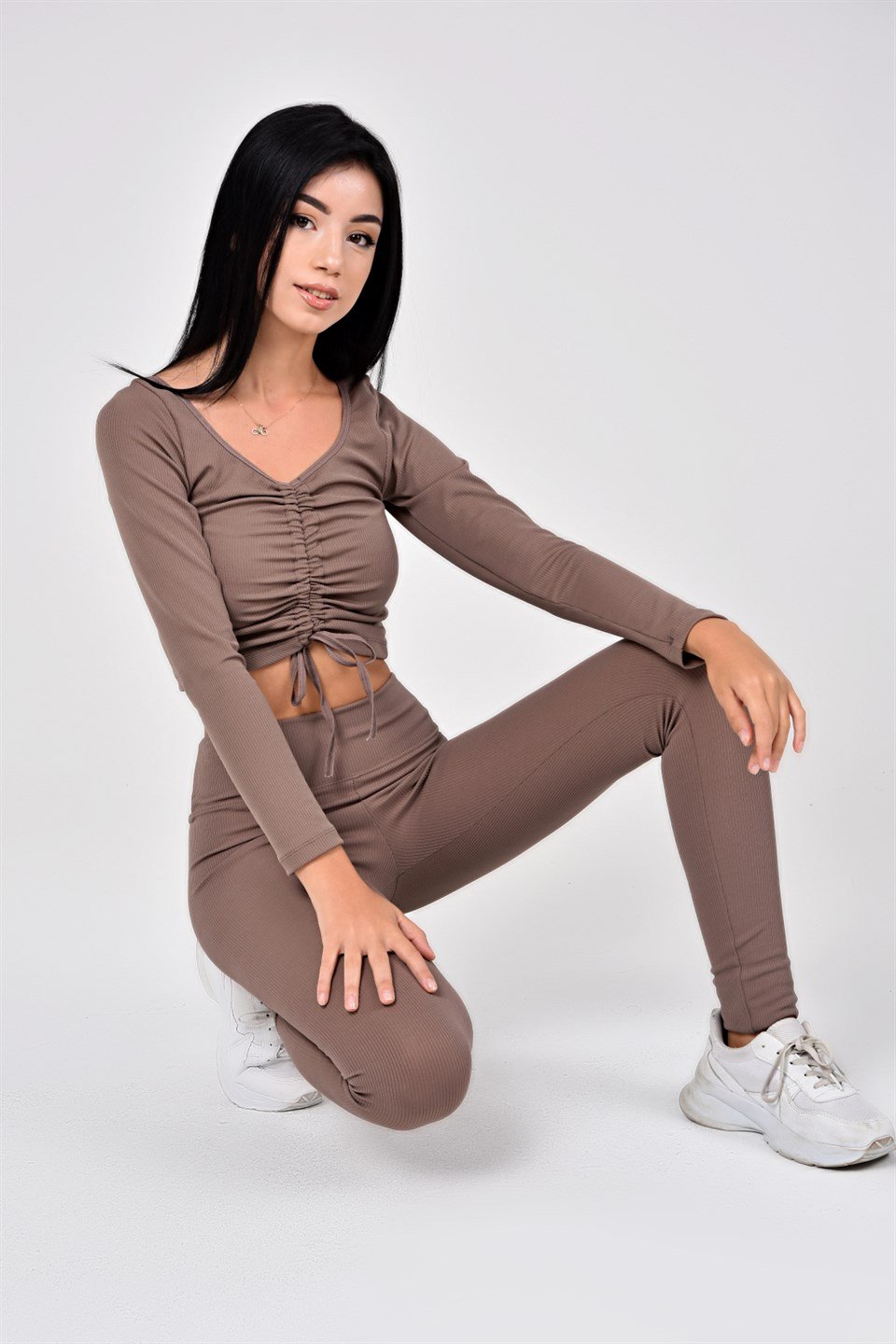 Aff-Fit-030 - İpli Büzgülü Crop Bustiyer - Vizon -westbound