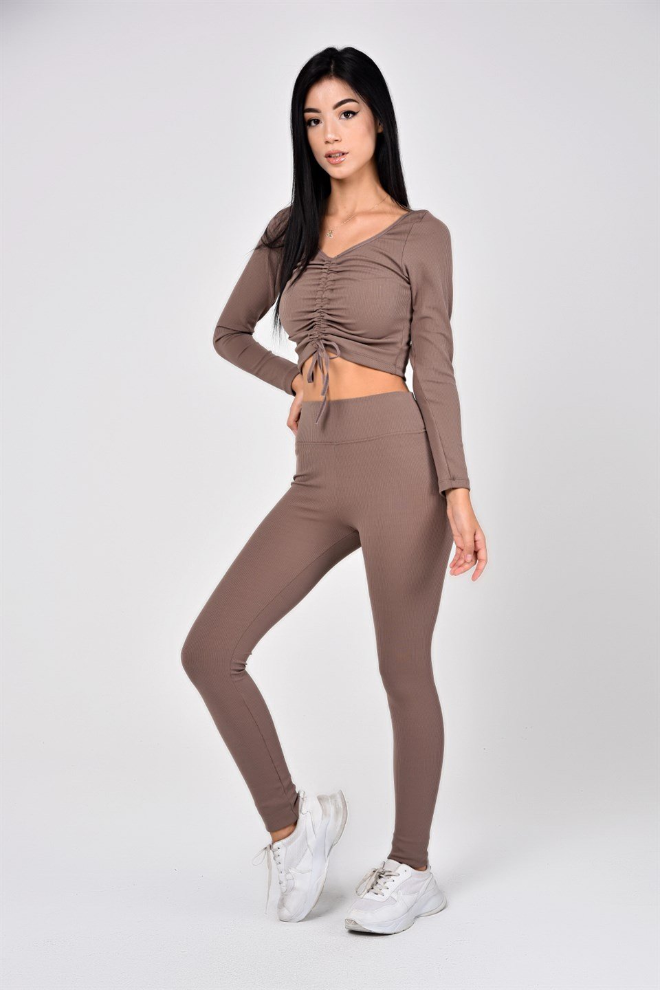 Aff-Fit-030 - İpli Büzgülü Crop Bustiyer - Vizon -westbound