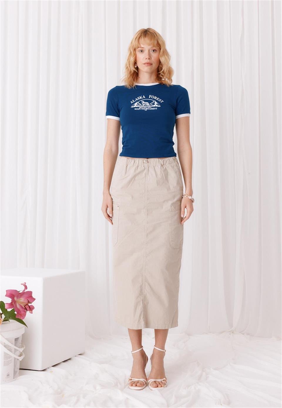 Kadın Alaska Forest Baskılı Lacivert Kısa Kollu Crop T-Shirt