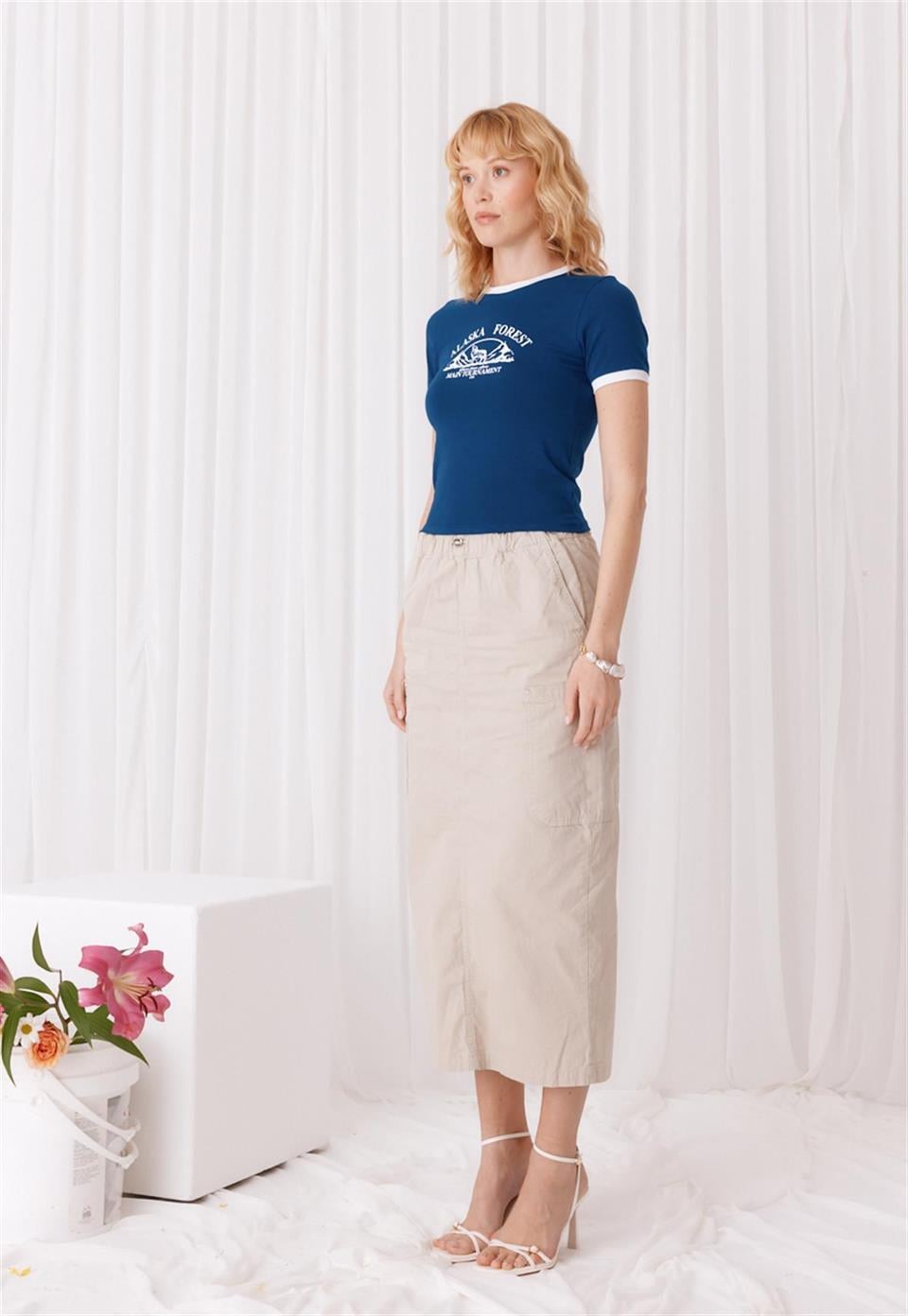Kadın Alaska Forest Baskılı Lacivert Kısa Kollu Crop T-Shirt