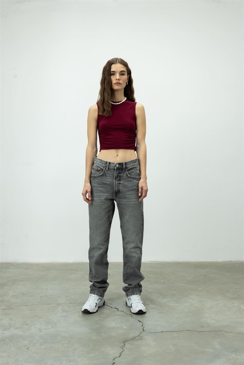Kadın Bordo Bisiklet Yaka Crop Bluz