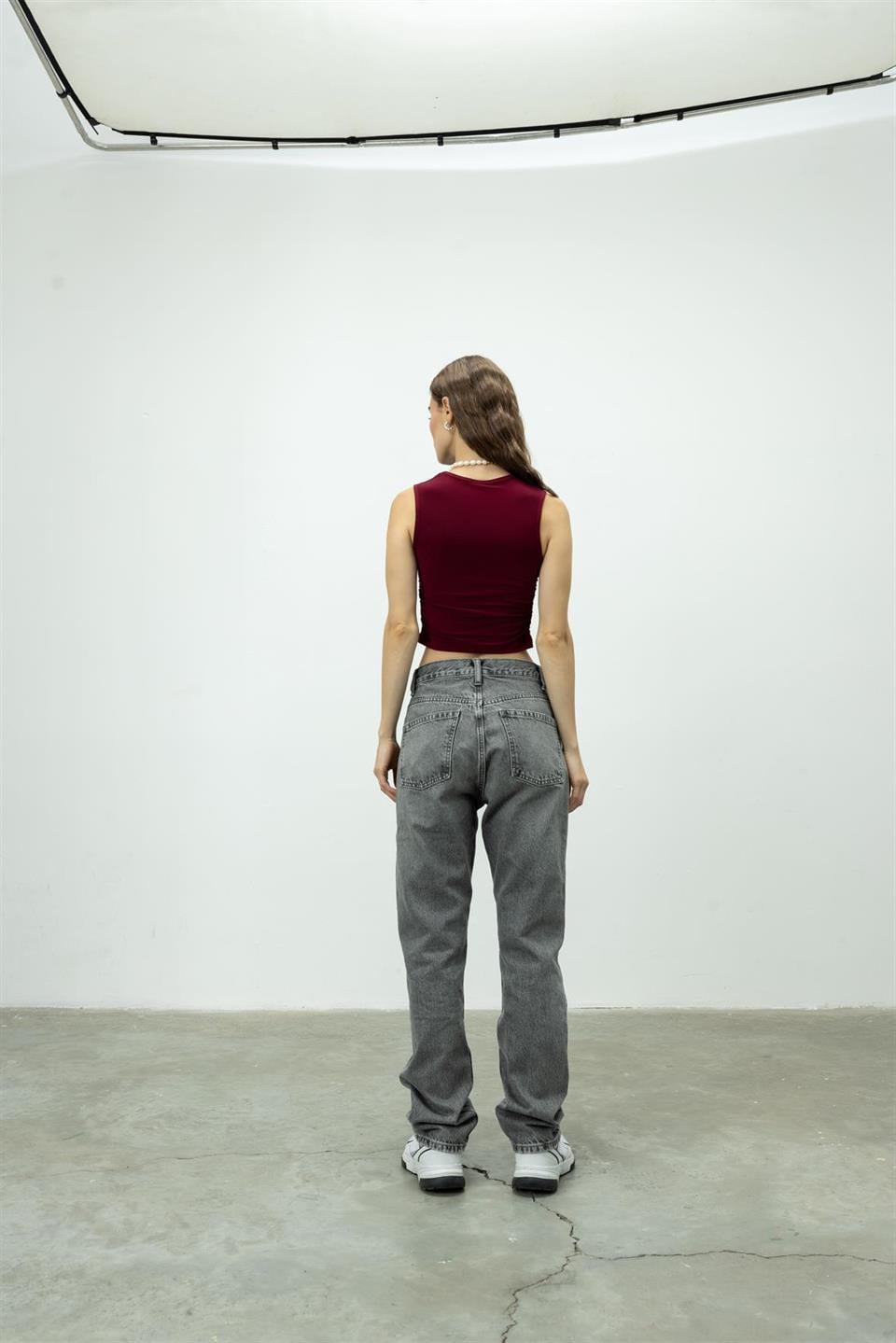 Kadın Bordo Bisiklet Yaka Crop Bluz