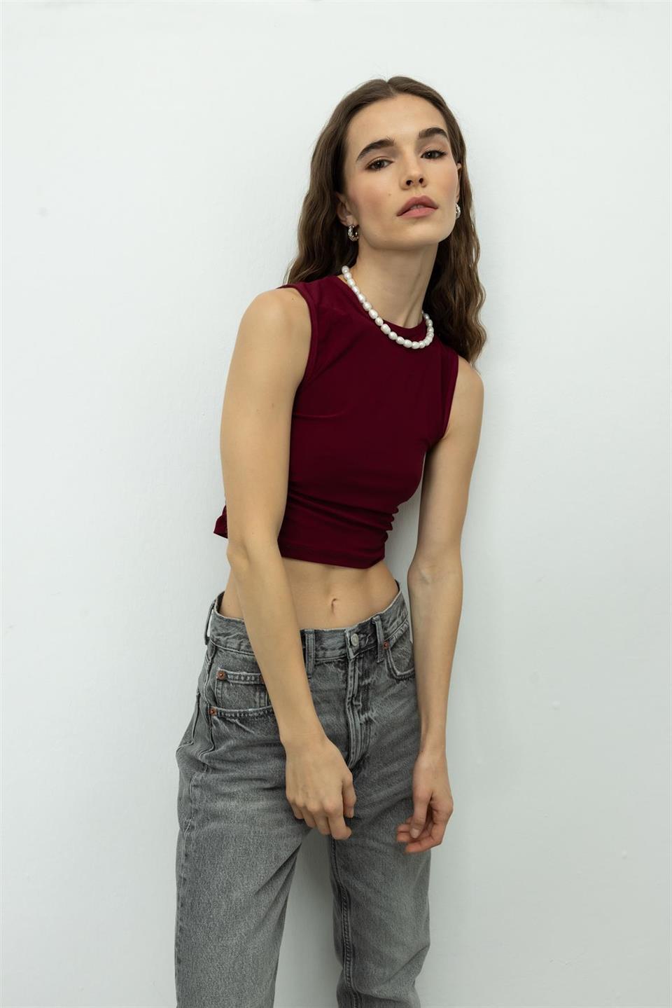 Kadın Bordo Bisiklet Yaka Crop Bluz
