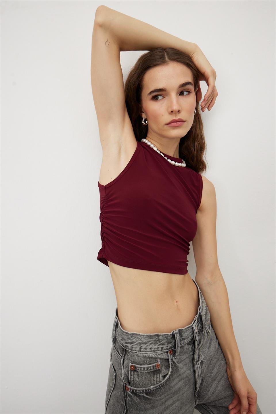 TG091 - Kadın Bordo Bisiklet Yaka Crop Bluz -TUBİA