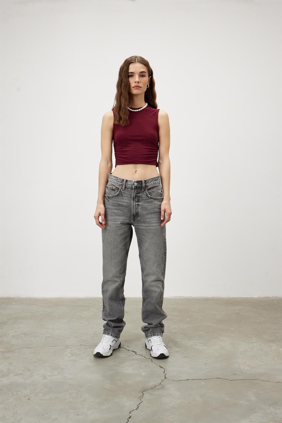 TG091 - Kadın Bordo Bisiklet Yaka Crop Bluz -TUBİA