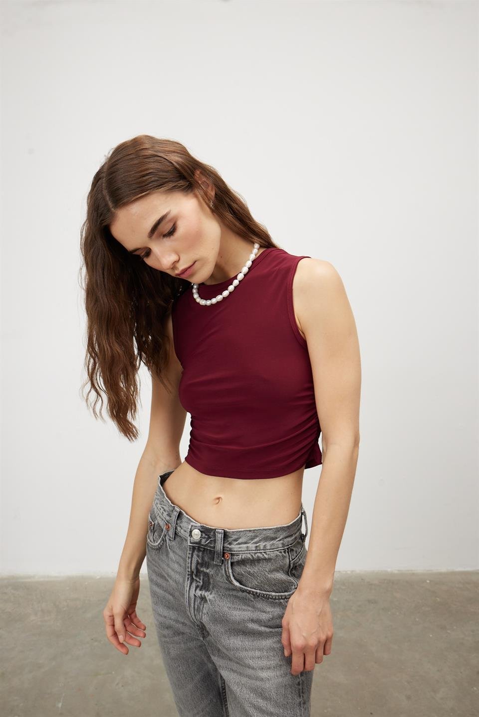 TG091 - Kadın Bordo Bisiklet Yaka Crop Bluz -TUBİA