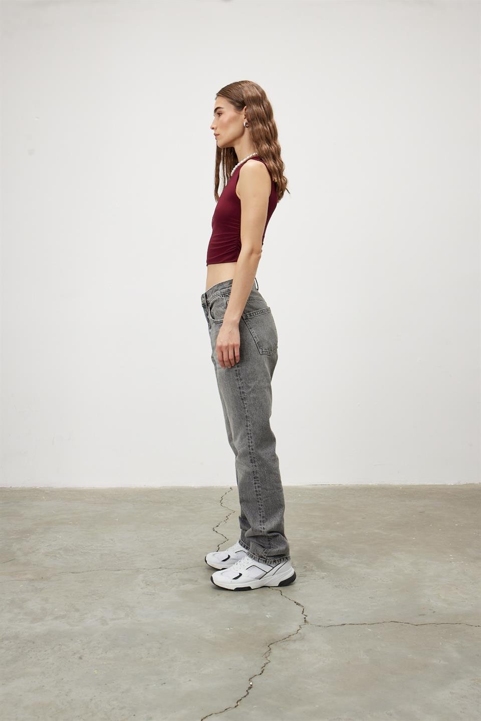 TG091 - Kadın Bordo Bisiklet Yaka Crop Bluz -TUBİA