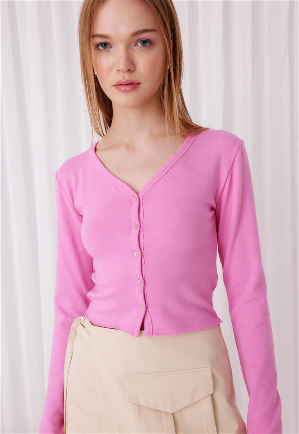 Kadın Düğmeli V Yaka Pembe Crop Hırka 