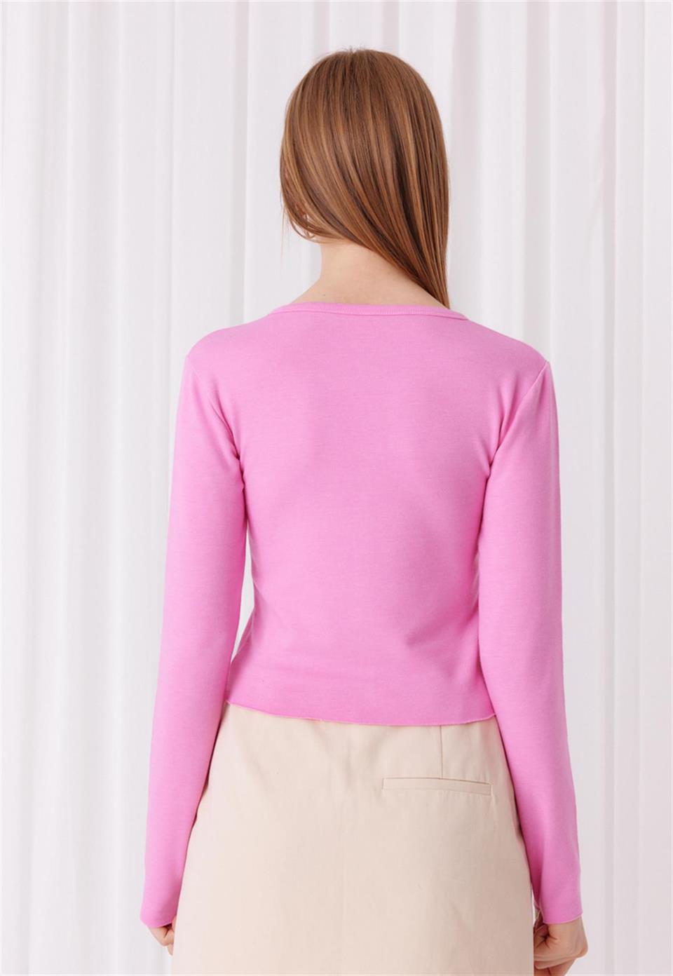 Kadın Düğmeli V Yaka Pembe Crop Hırka 