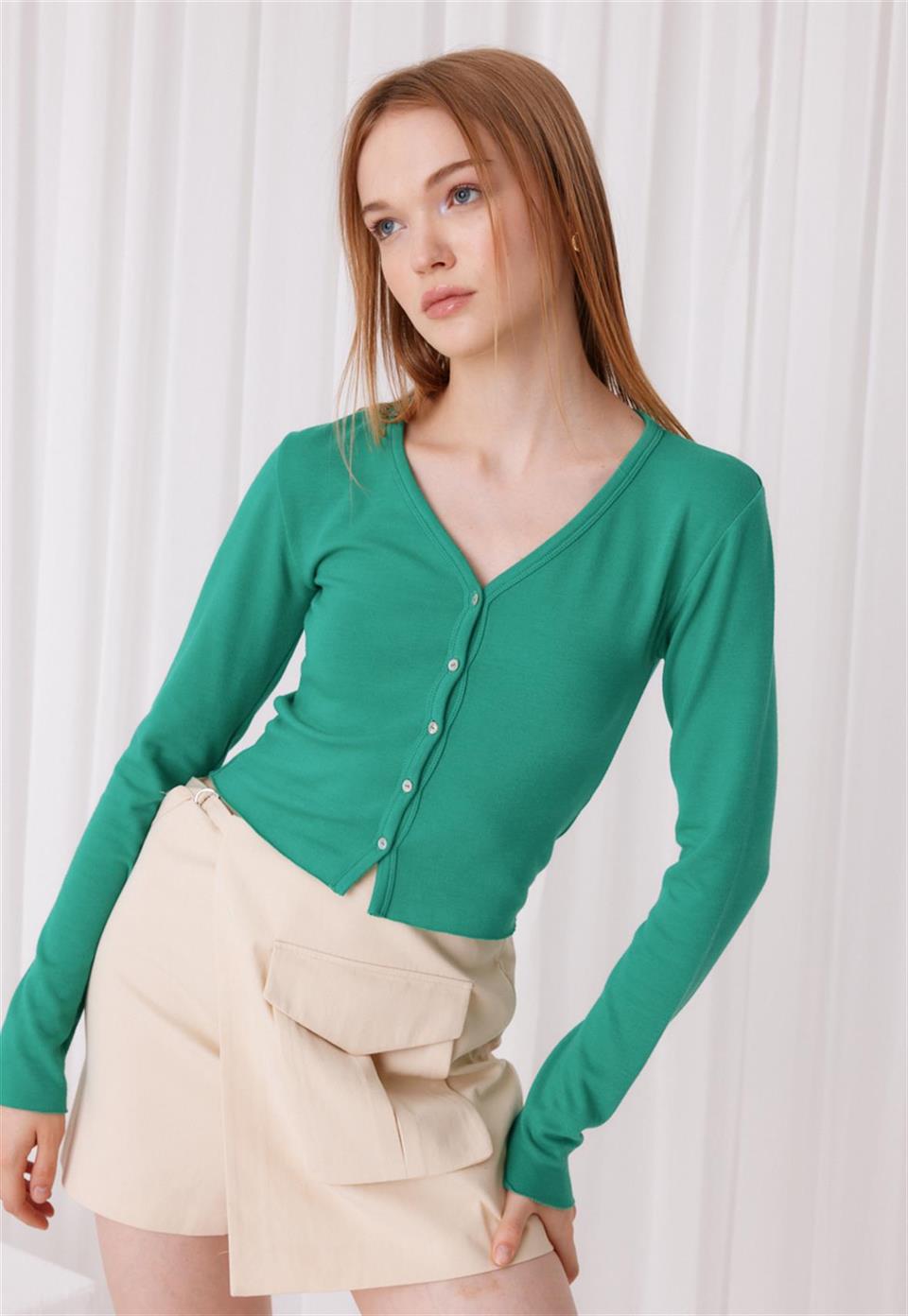 Kadın Düğmeli V Yaka Yeşil Crop Hırka
