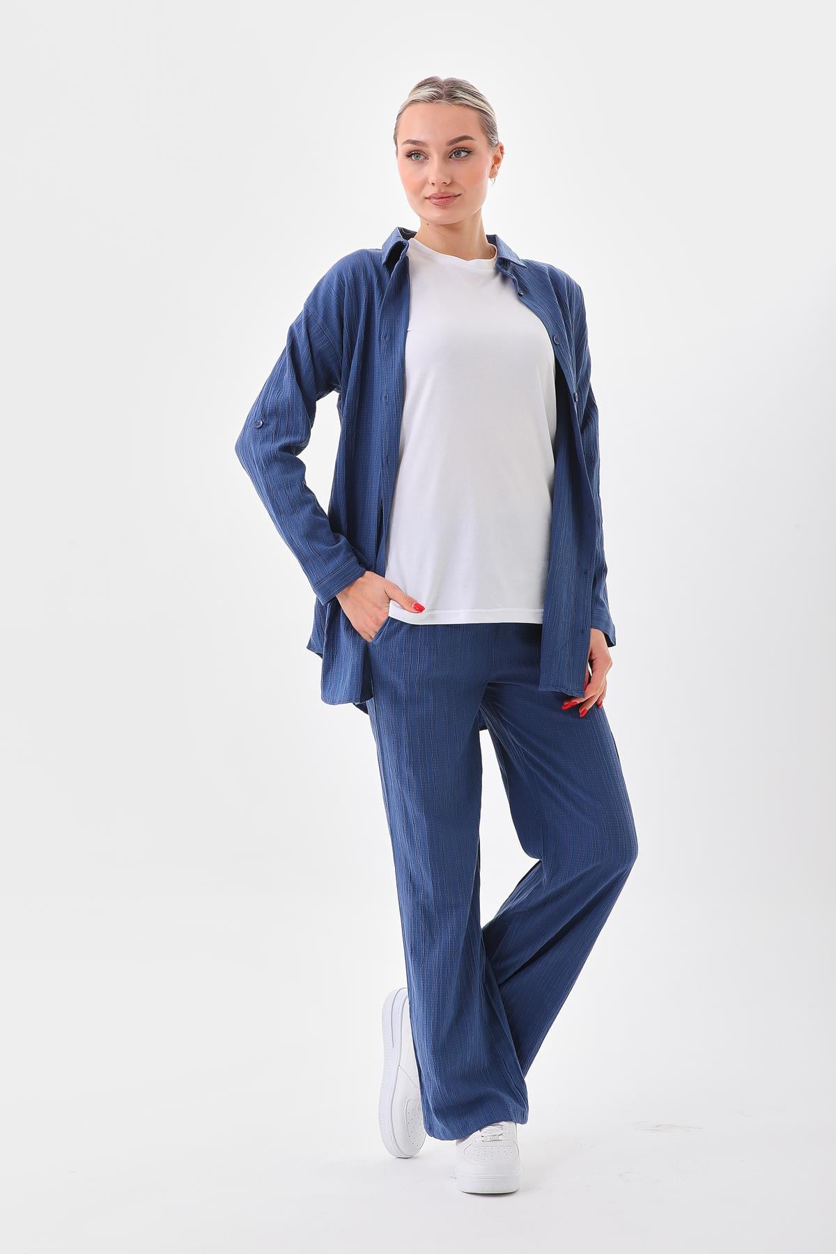 662 - Kadın Günlük Üçlü Takım Gömlek Pantolon T-Shirt - İNDİGO -westbound