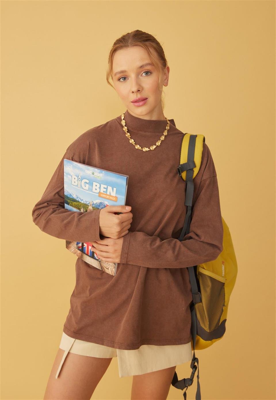 Kadın Kahverengi Eskitmeli Oversize Basic Uzun Kolu T-Shirt