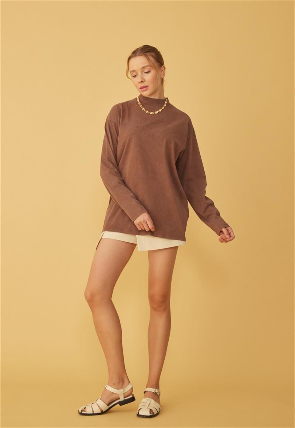 Kadın Kahverengi Eskitmeli Oversize Basic Uzun Kolu T-Shirt
