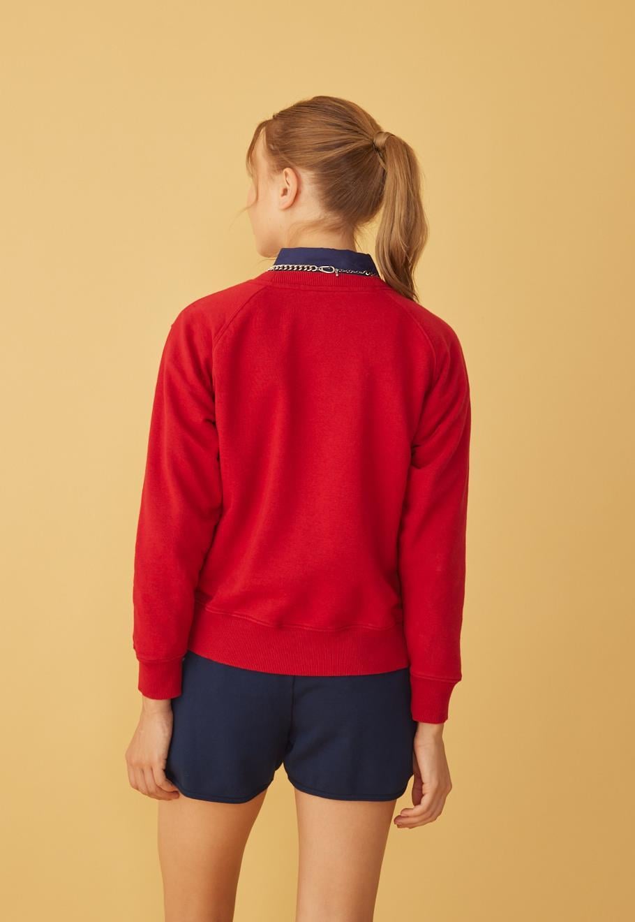 Kadın Kırmızı Renk Basic Şardonsuz Sweatshirt