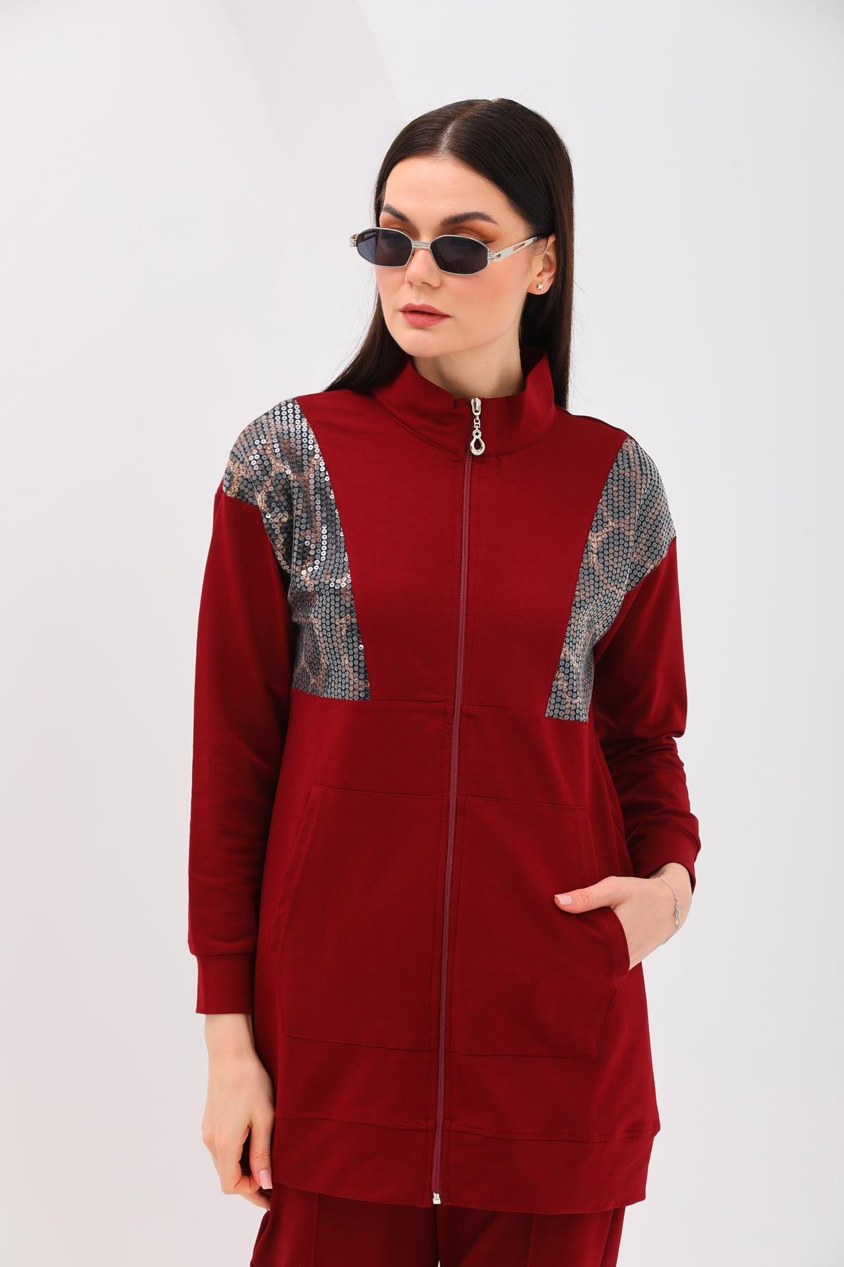 658 - Kadın Leopar Pul Payetli Günlük 2 li Spor Takım BORDO -westbound