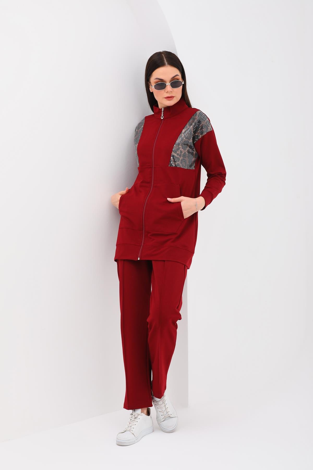 658 - Kadın Leopar Pul Payetli Günlük 2 li Spor Takım BORDO -westbound