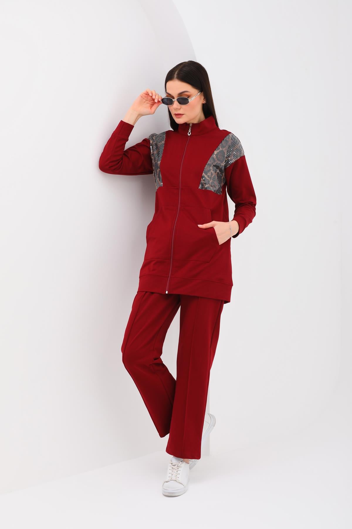 658 - Kadın Leopar Pul Payetli Günlük 2 li Spor Takım BORDO -westbound