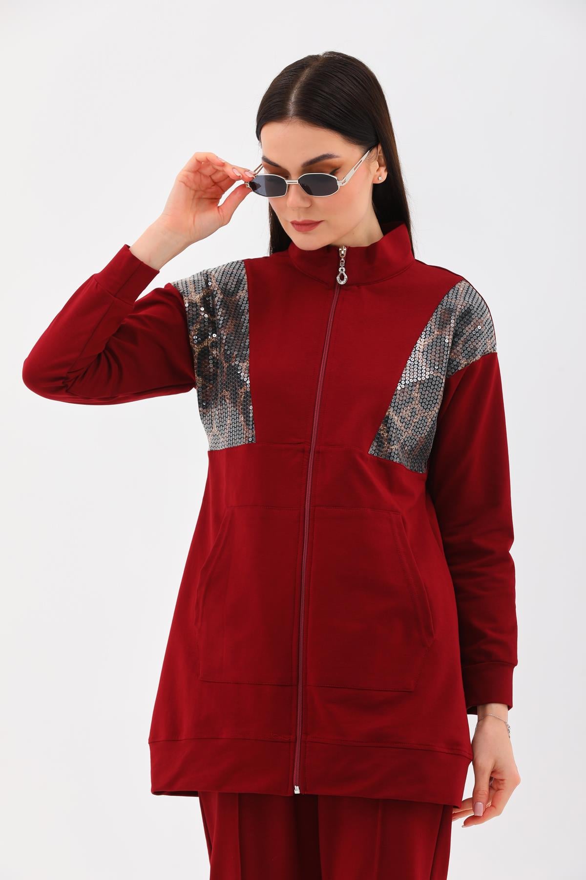 658 - Kadın Leopar Pul Payetli Günlük 2 li Spor Takım BORDO -westbound