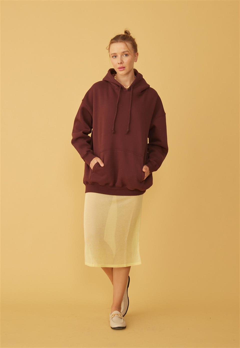 Kadın Oversize Çikolata Kapüşonlu Sweatshirt