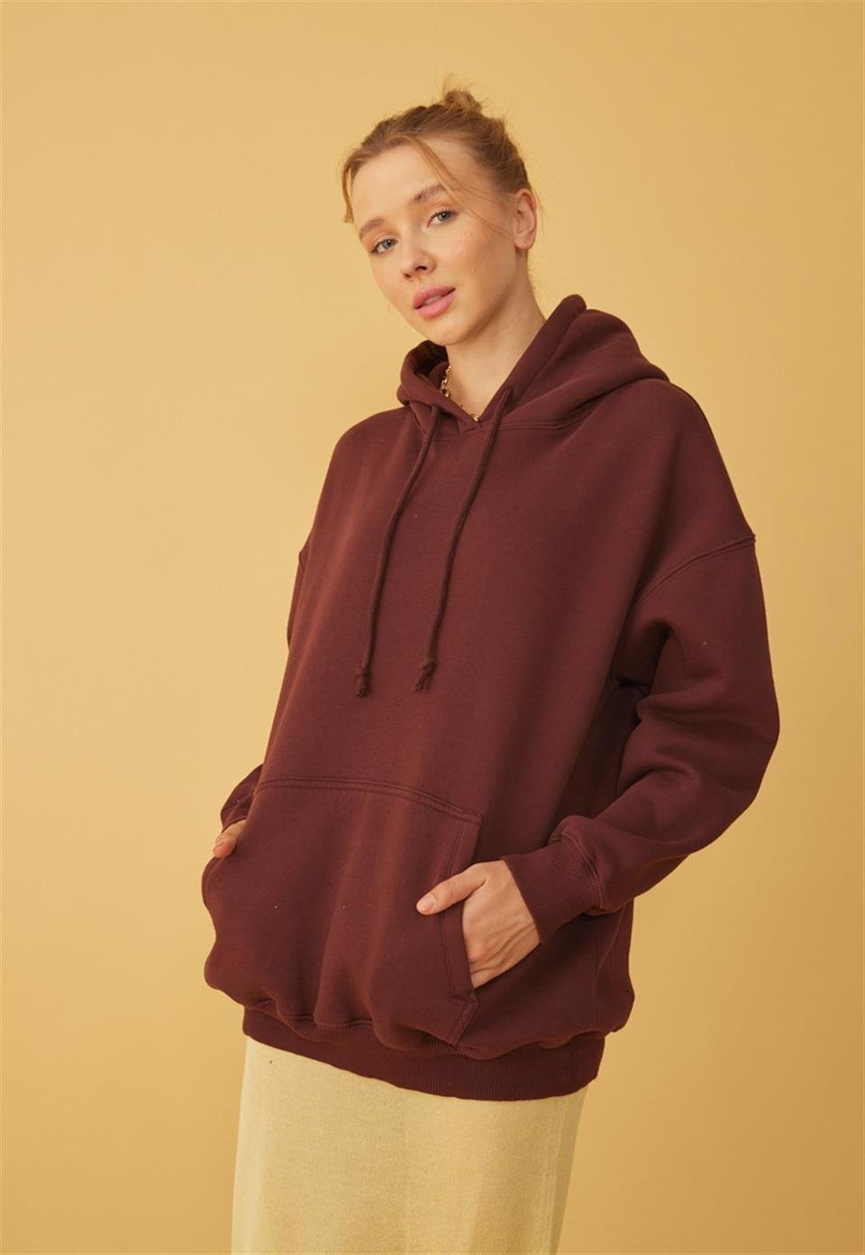Kadın Oversize Çikolata Kapüşonlu Sweatshirt