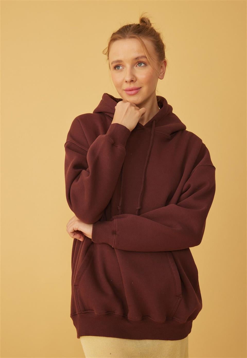 Kadın Oversize Çikolata Kapüşonlu Sweatshirt