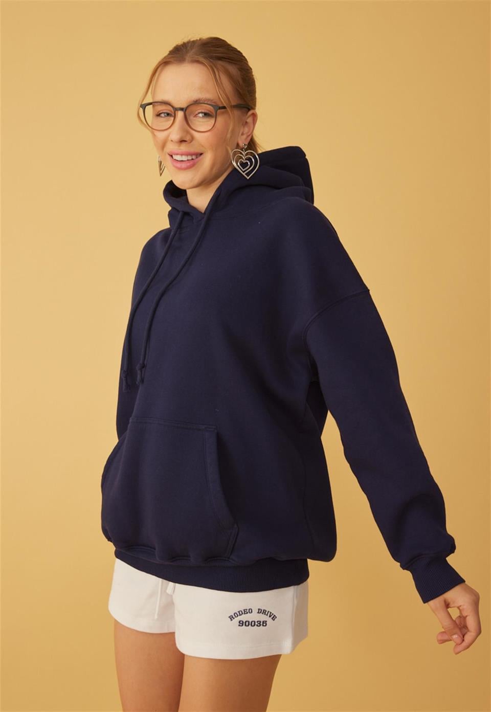 Kadın Oversize Navy Kapüşonlu Sweatshirt