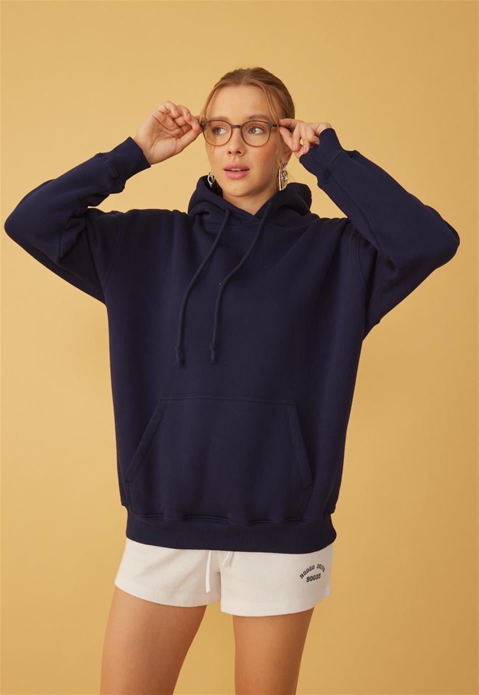 Kadın Oversize Navy Kapüşonlu Sweatshirt